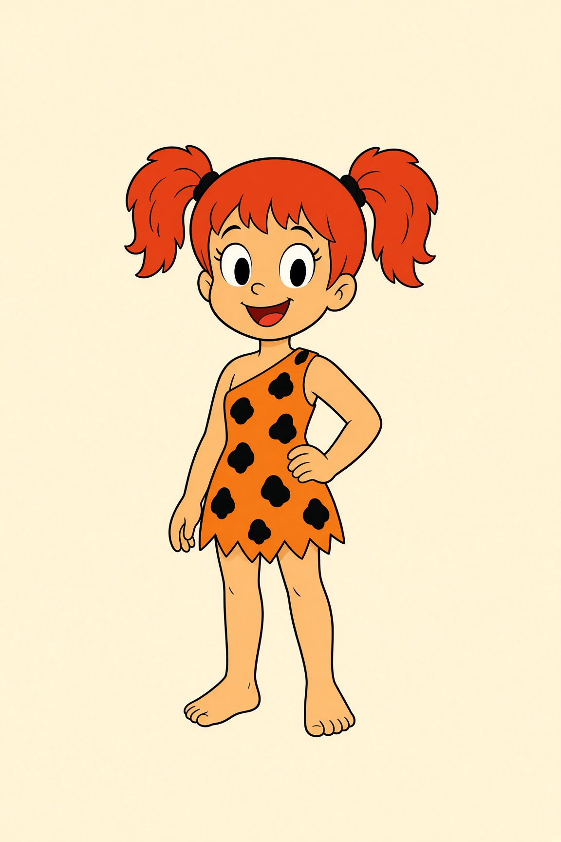 Cave girl with red pigtails and an orange spotted dress