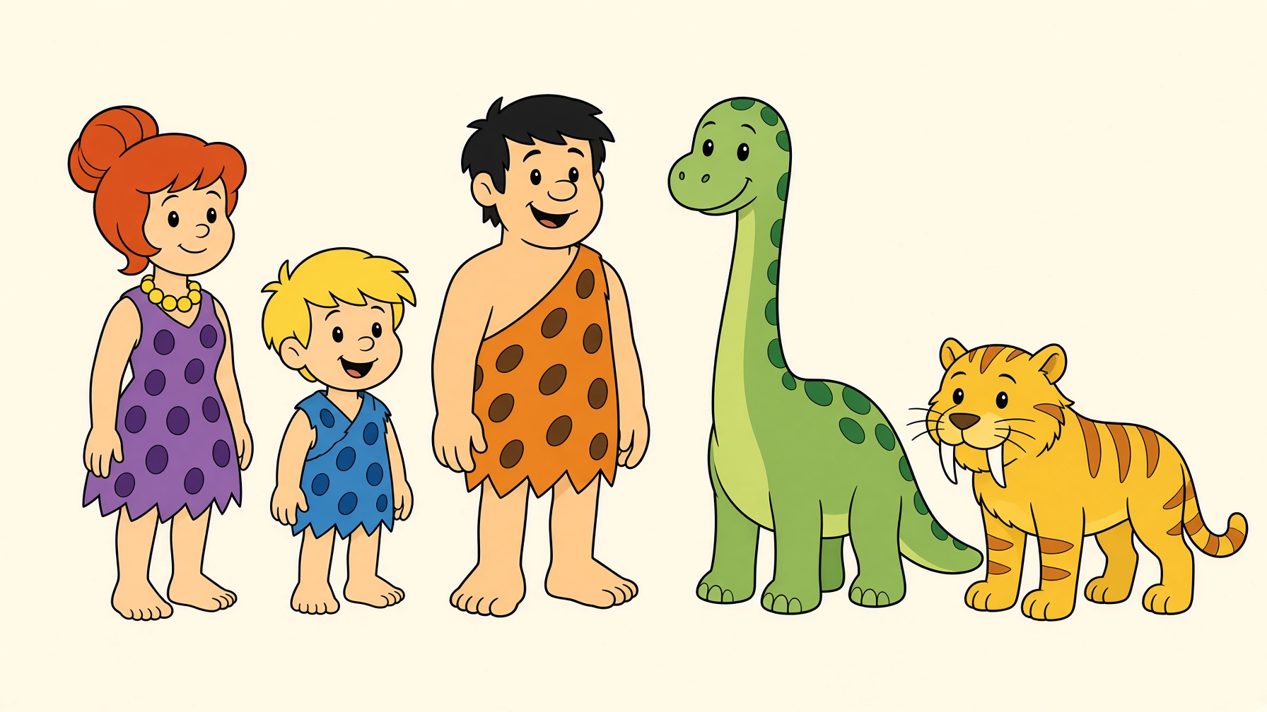 Cavewoman, cave kids, a caveman, a green dinosaur, and a saber-toothed cat